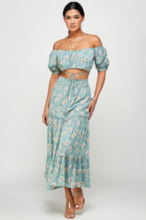 Floral Off-Shoulder Tie Crop Top & Skirt Two-Piece Set Simmer & Fay
